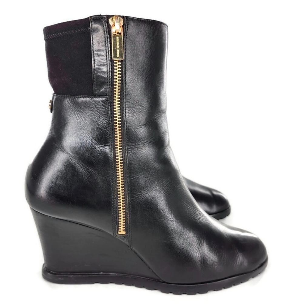 Michael Kors Aileen Black Leather Dual Gold Zip Wedge Heel Lug-Sole Ankle Boots - Picture 2 of 12